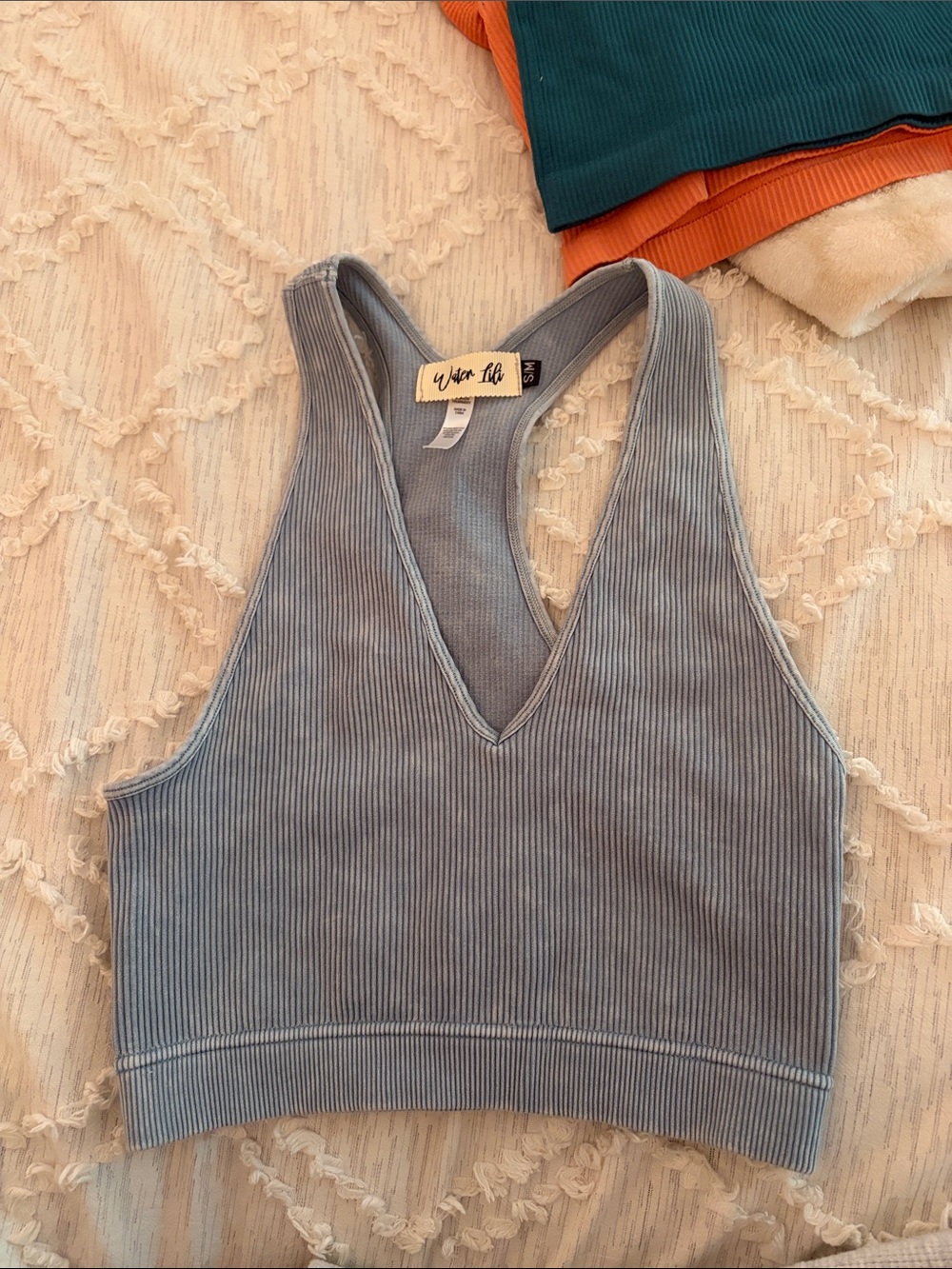 Ribbed V-Neck Crop Tank Top - Light Blue